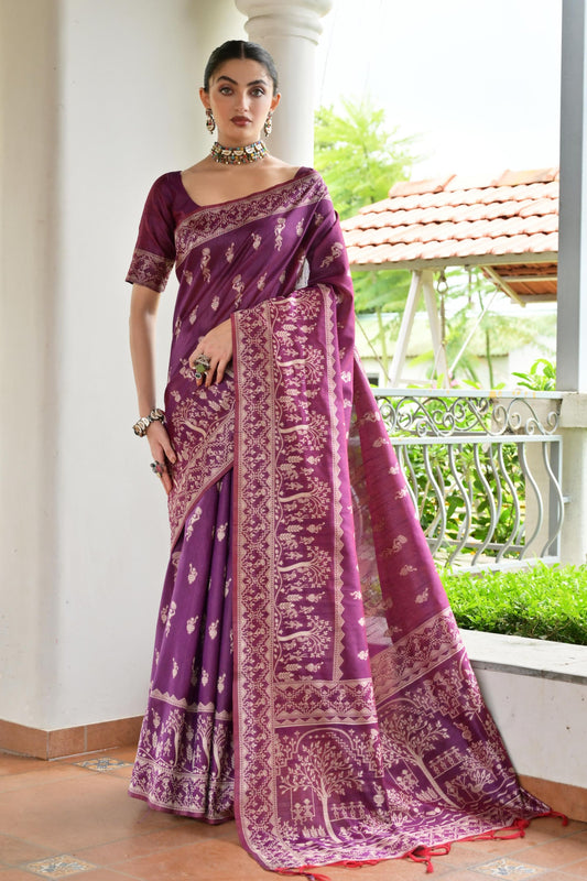 Wine Purple Cotton Silk Saree with Traditional Woven Border