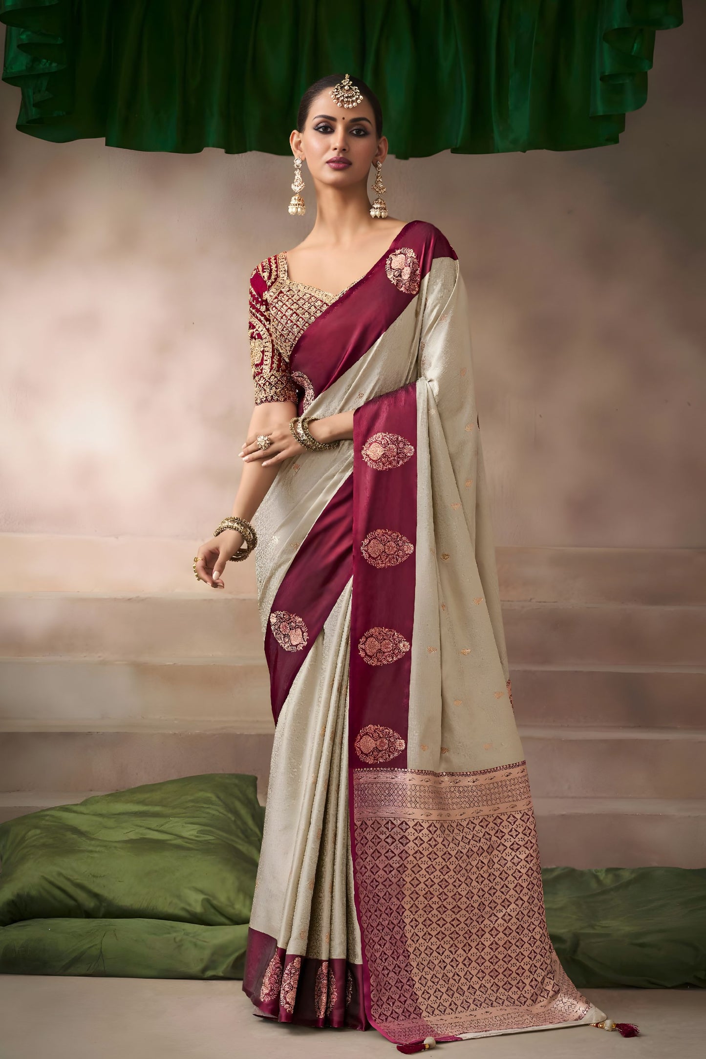 Cream Silk Saree with Maroon Border Rich Zari