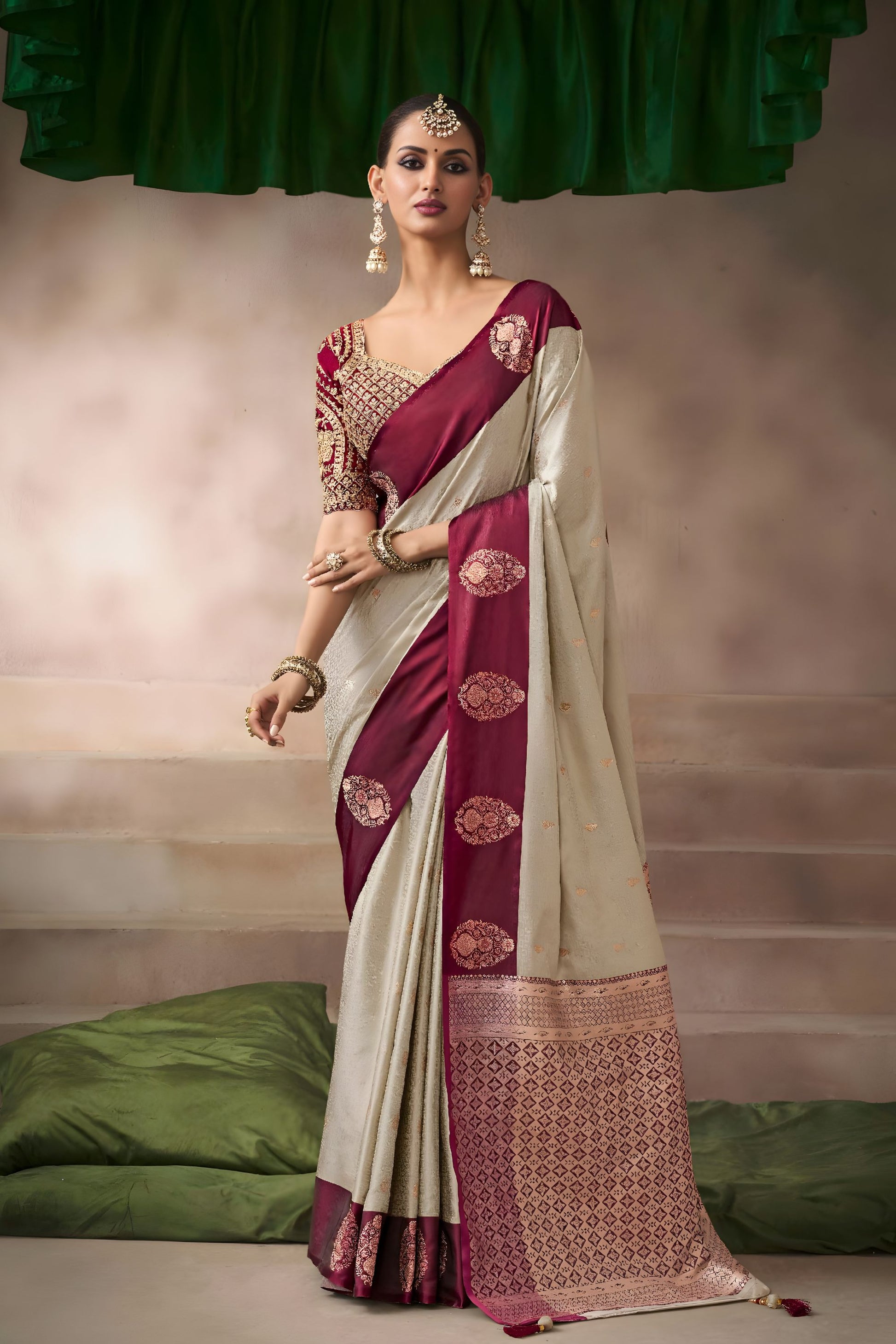 Cream Silk Saree with Maroon Border Rich Zari