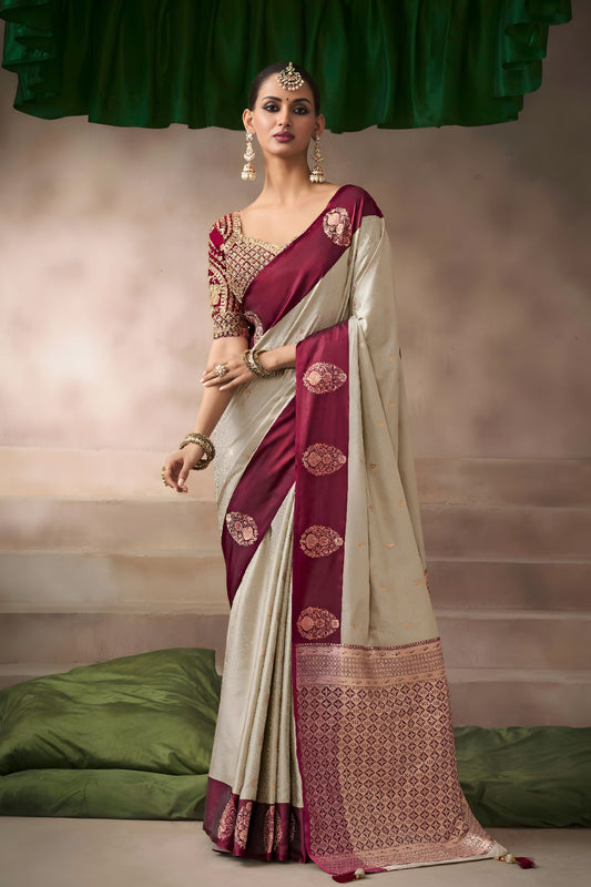 Cream Silk Saree with Maroon Border Rich Zari