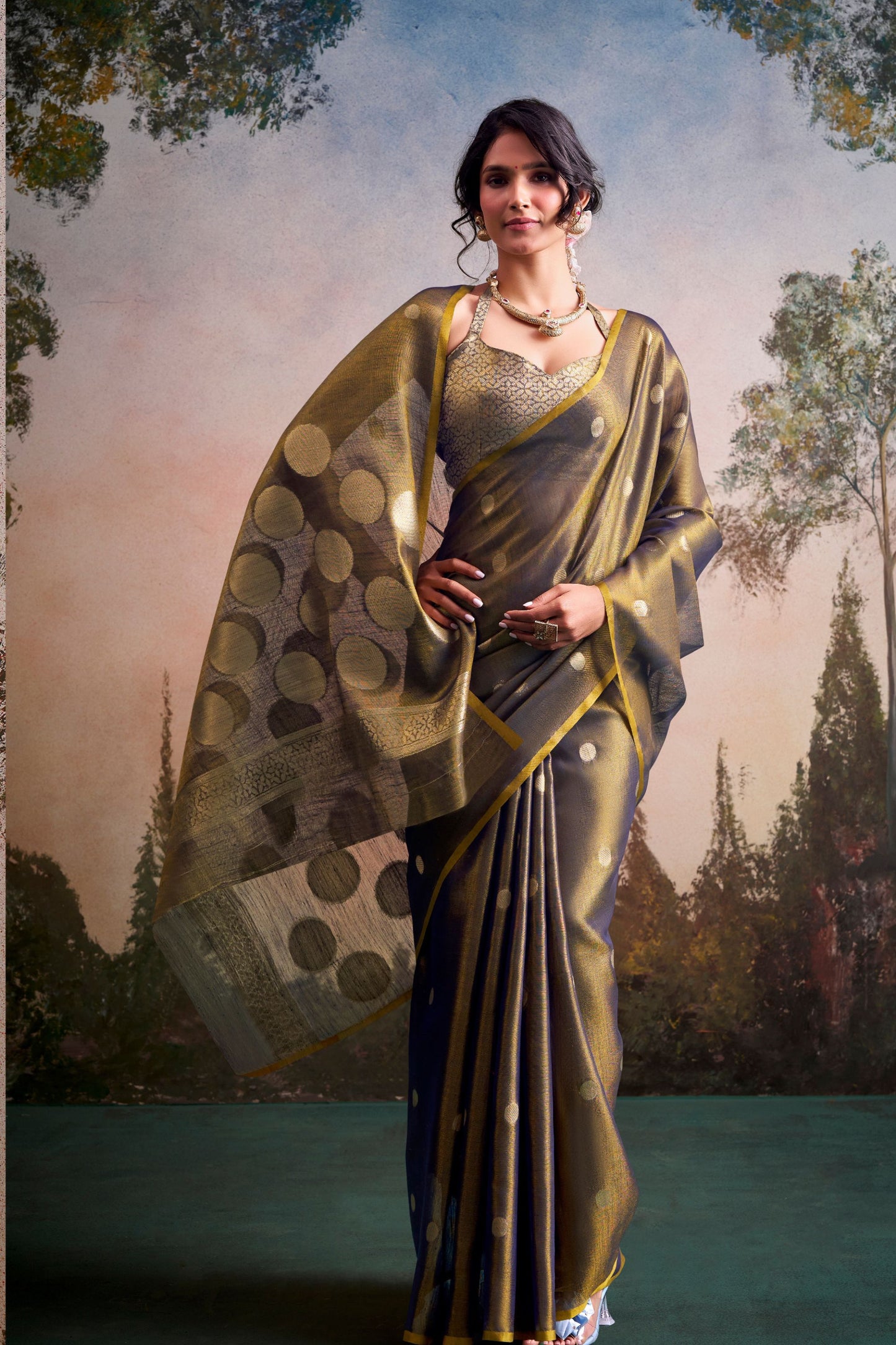 Grey Silk Saree with Golden Zari Polka Dot Weaving Designer Saree