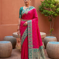 Red Silk Saree Green Gold Zari Woven Border Peacock Motifs Saree