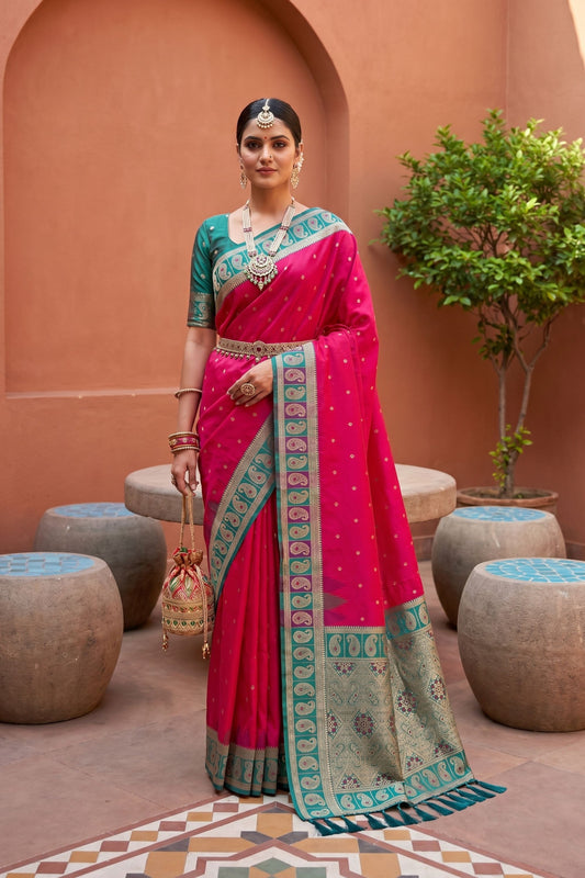 Red Silk Saree Green Gold Zari Woven Border Peacock Motifs Saree