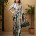 Green Satin Floral Print Saree with Designer Blouse Party Wear