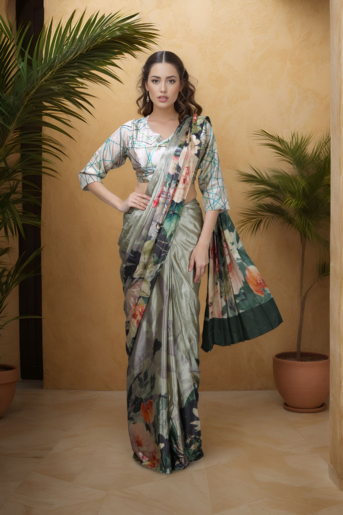 Green Satin Floral Print Saree with Designer Blouse Party Wear