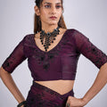 Wine Purple Organza Saree Black Floral Embroidery Designer Saree