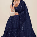 Navy Blue Net Saree with Heavy Sequins Embroidery Designer Blouse