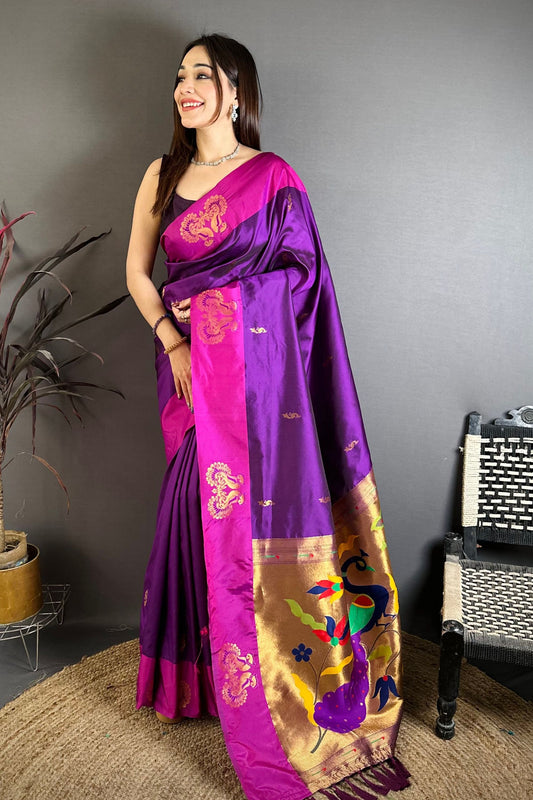 Royal Purple Soft Silk Saree with Pink Border and Designer Pallu