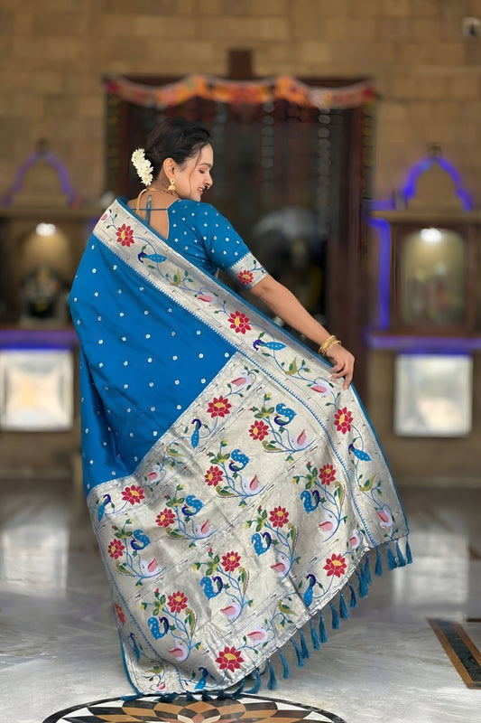 Royal Blue Paithani Silk Saree Multicolor Peacock Floral Woven Border