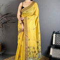  Mustard Yellow Linen Cotton Saree Floral Print Pallu 