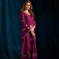 Wine Purple Satin Silk Saree with Metallic Zari Designer Party Wear