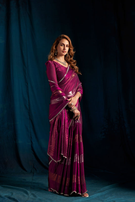 Wine Purple Satin Silk Saree with Metallic Zari Designer Party Wear