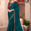 Teal Green Georgette Saree Heavy Embroidered Border Red Blouse
