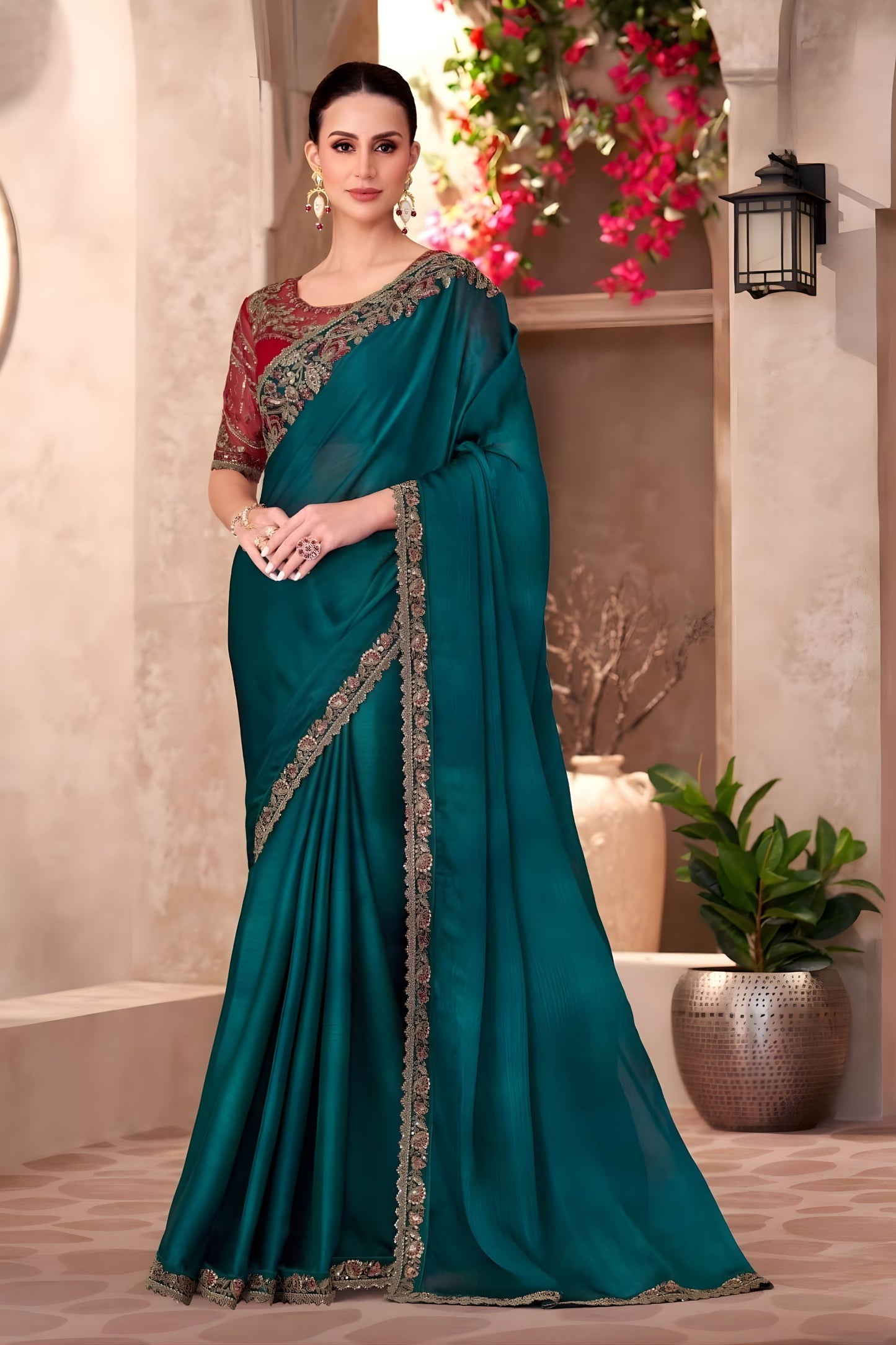 Teal Green Georgette Saree Heavy Embroidered Border Red Blouse