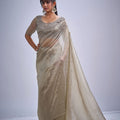 Light Gold Tissue Silk Saree with Zari Border Designer Blouse