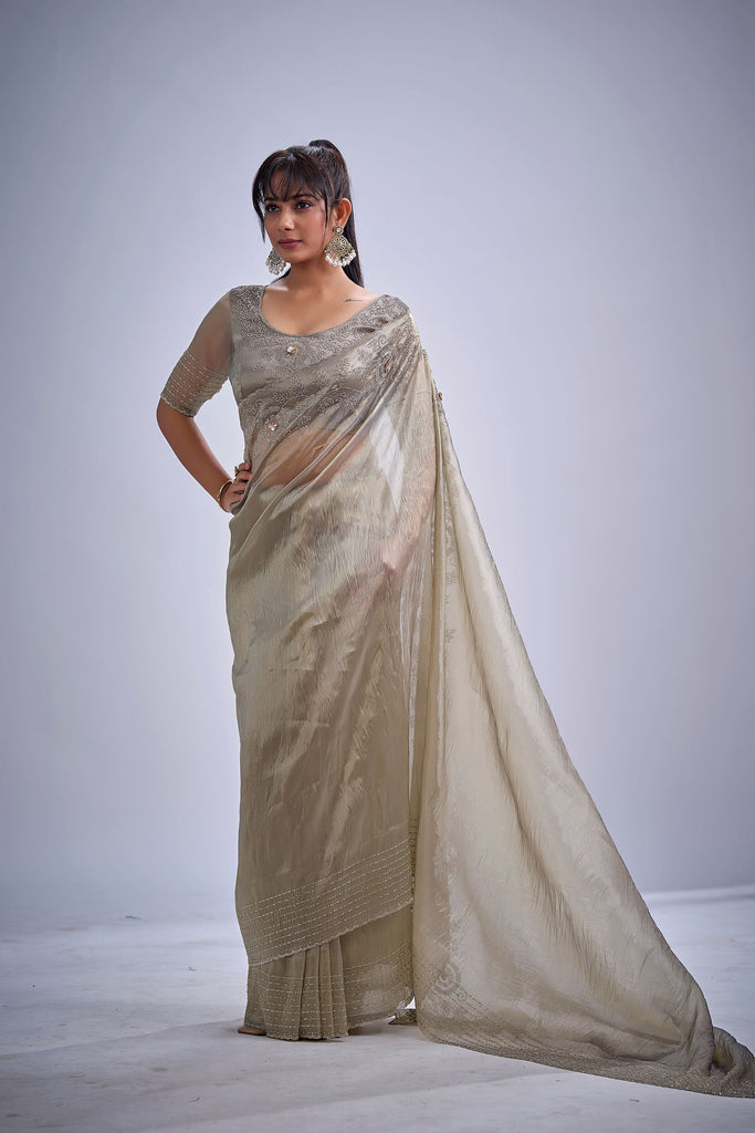 Light Gold Tissue Silk Saree with Zari Border Designer Blouse