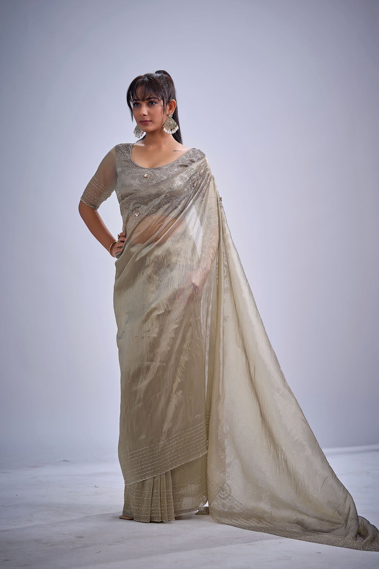 Light Gold Tissue Silk Saree with Zari Border Designer Blouse