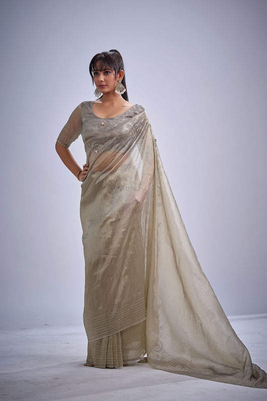Light Gold Tissue Silk Saree with Zari Border Designer Blouse