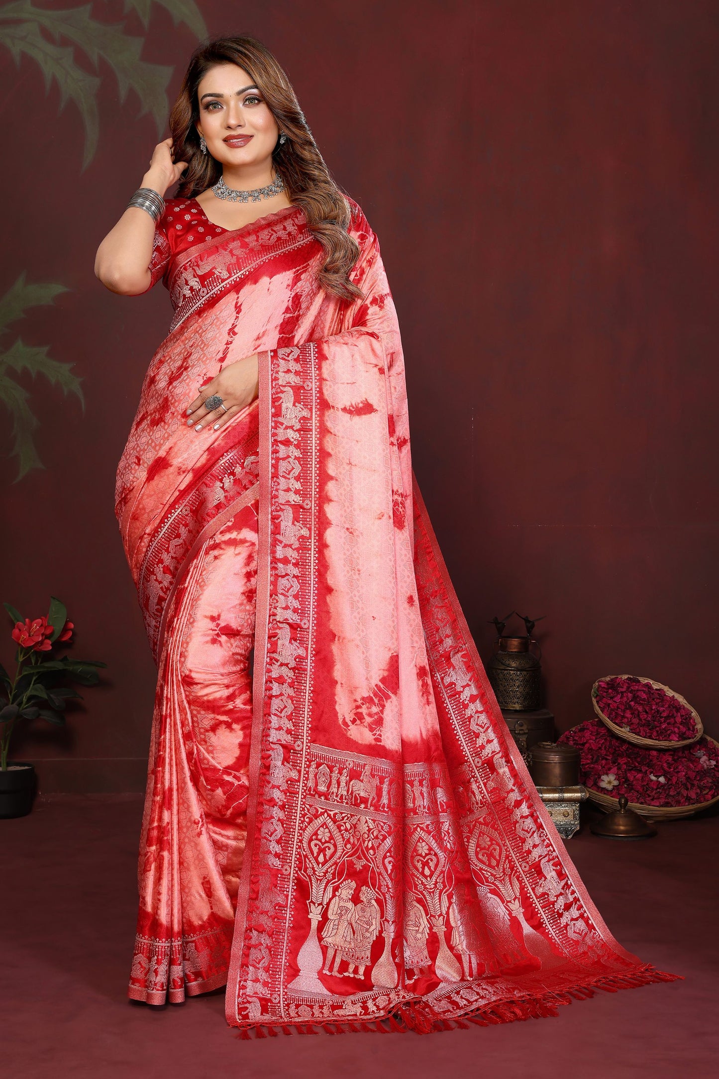 Red Banarasi Silk Saree Zari Border Traditional Weaving Saree