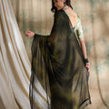 Olive Green Black Striped Georgette Saree with Printed Blouse