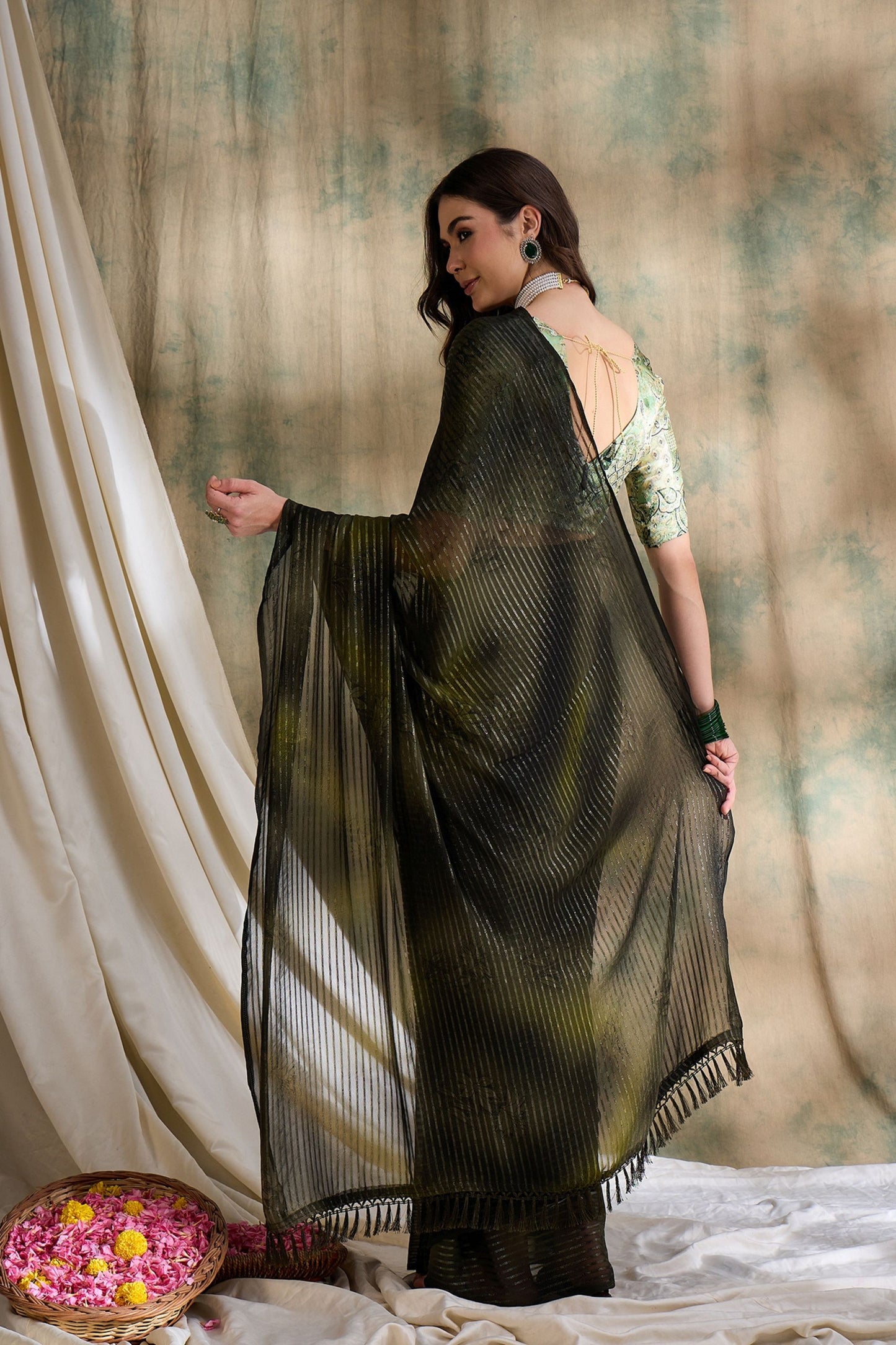 Olive Green Black Striped Georgette Saree with Printed Blouse