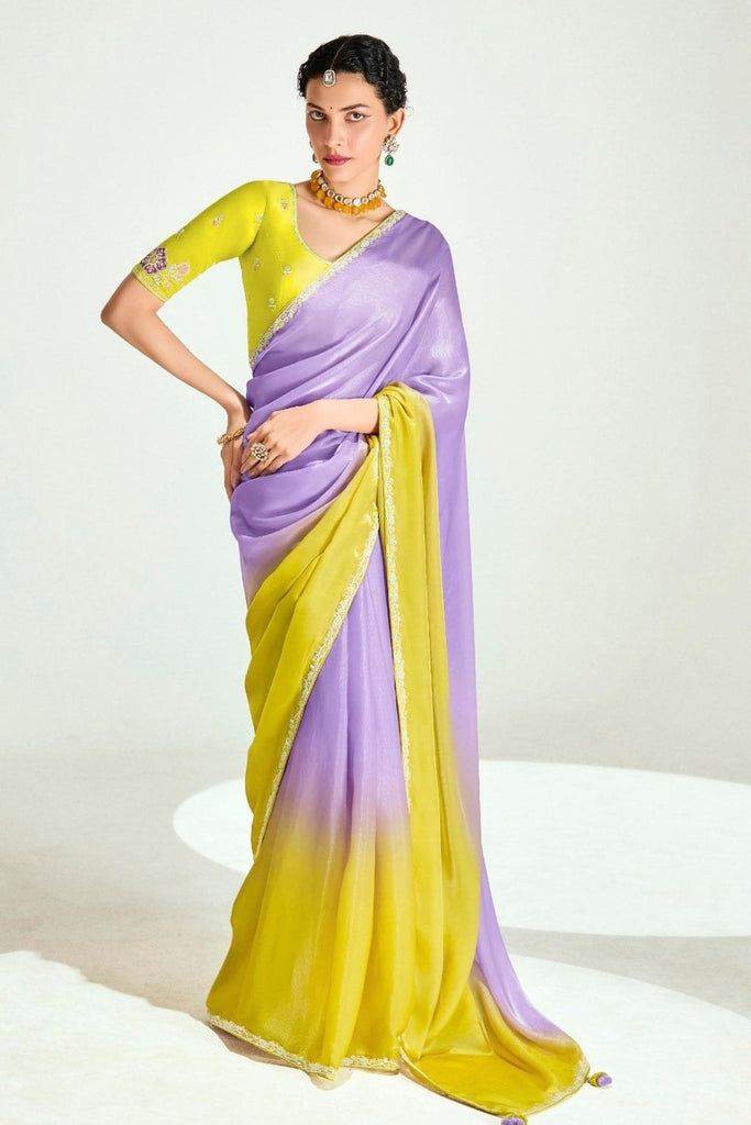 Elegant Yellow Lavender Ombre Organza Saree with Designer Blouse