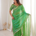 Luxury Parrot Green Organza Silk Saree with Golden Embroidered Border