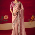 Blush Pink Silk Embroidered Saree Silver Border Mauve Designer Blouse 