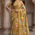 Mustard Printed Linen Silk Saree with Floral Design