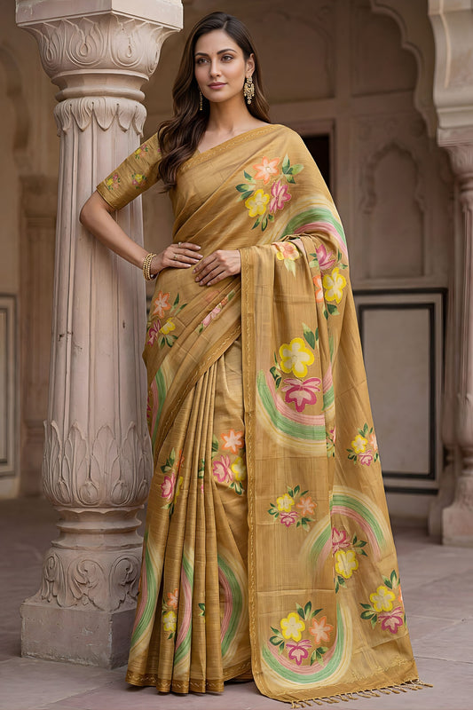 Mustard Printed Linen Silk Saree with Floral Design