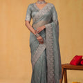 Dusty Blue Net Saree Heavy Silver Embroidered Border Designer Blouse
