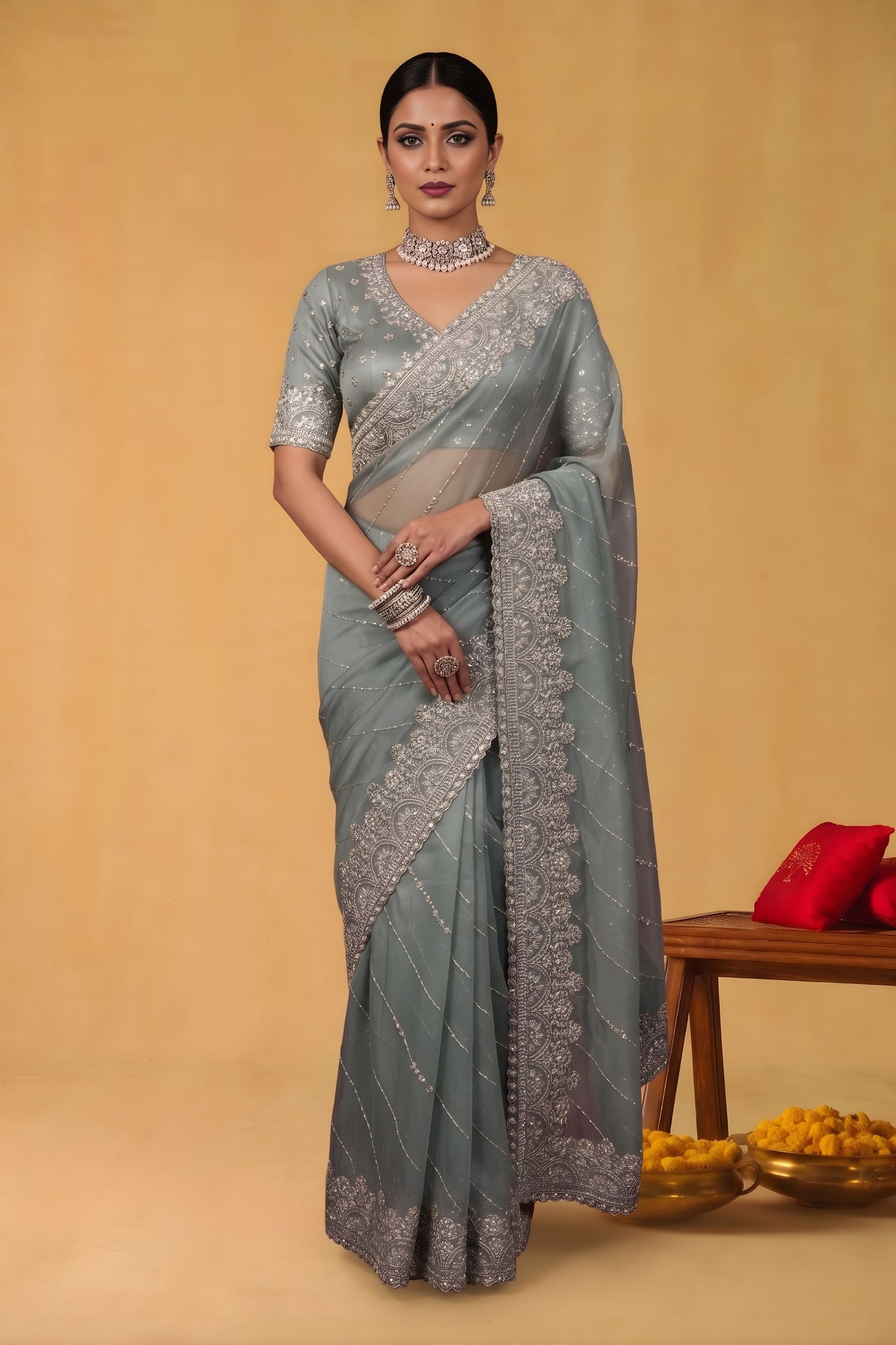 Dusty Blue Net Saree Heavy Silver Embroidered Border Designer Blouse