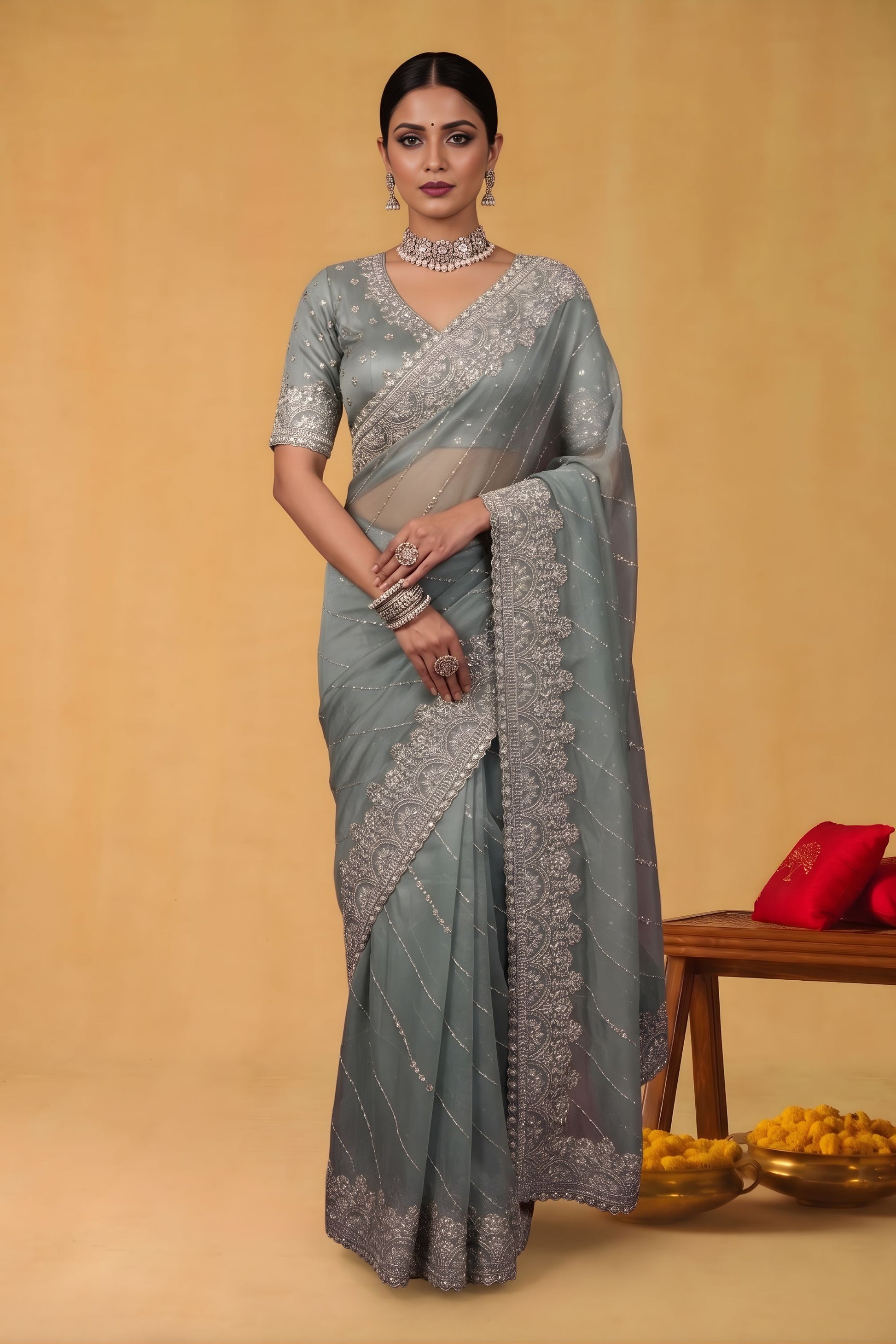 Dusty Blue Net Saree Heavy Silver Embroidered Border Designer Blouse