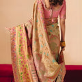 Premium Pink Gold Silk Saree Floral Zari Border Heritage Print Pallu
