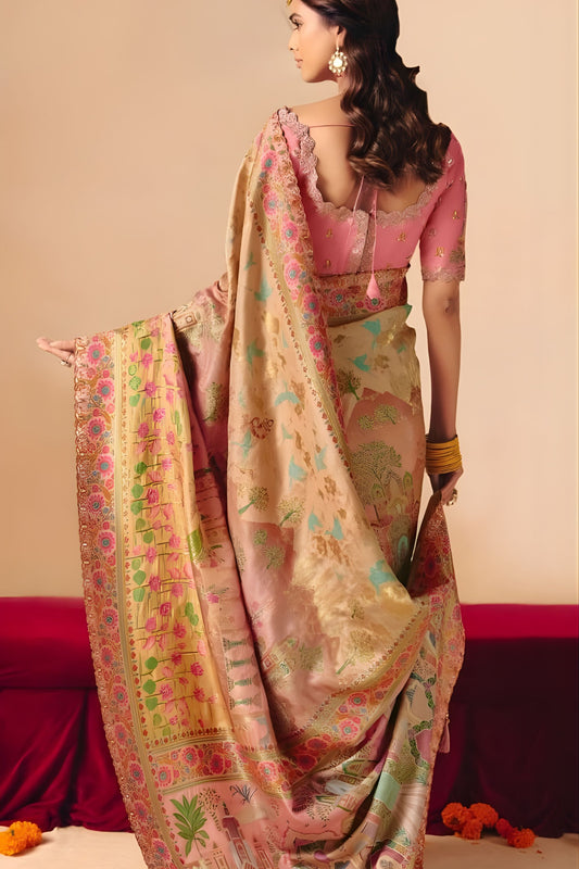 Premium Pink Gold Silk Saree Floral Zari Border Heritage Print Pallu