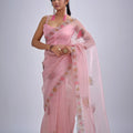 Pink Organza Saree with Floral Embroidery Border Designer Saree