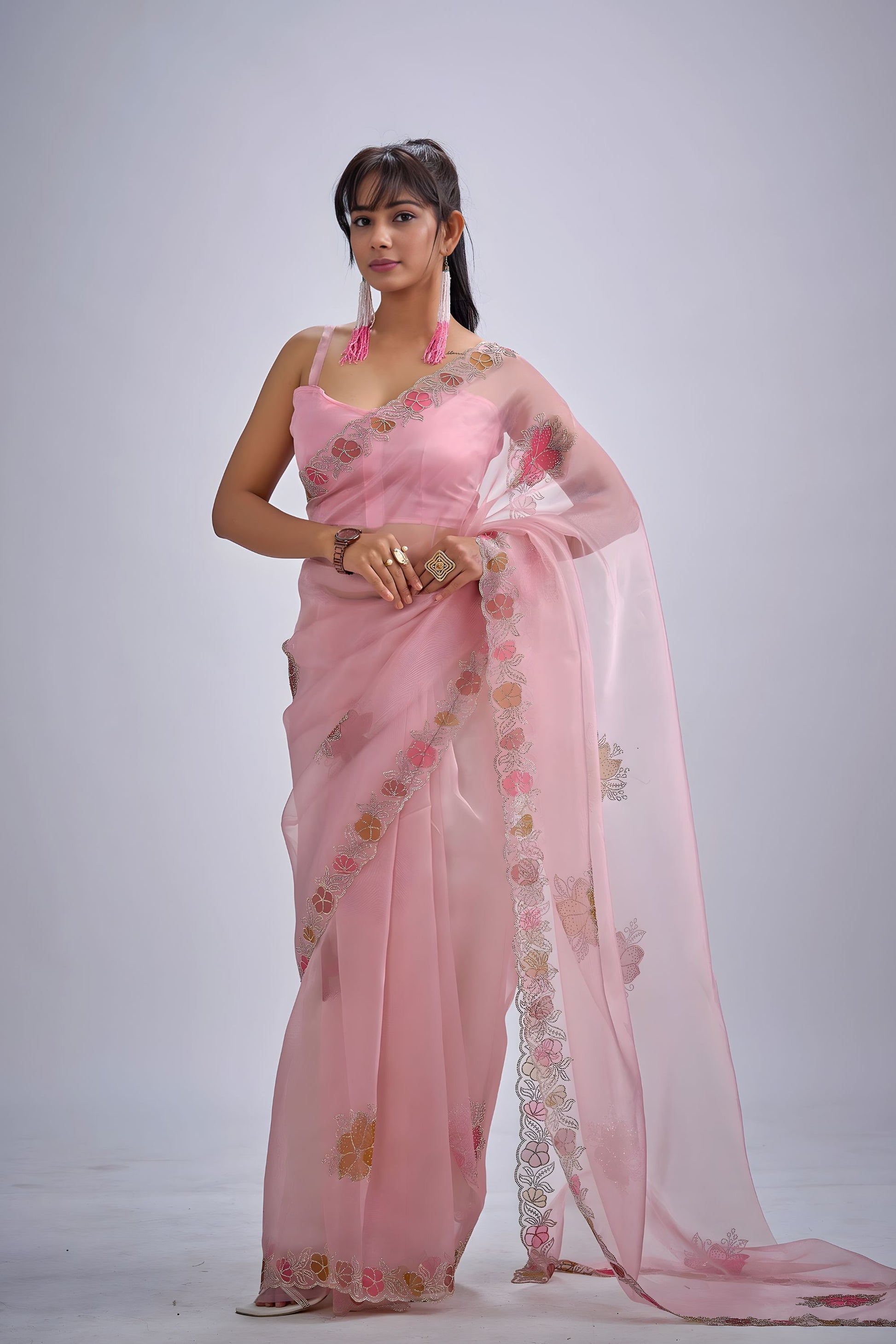 Pink Organza Saree with Floral Embroidery Border Designer Saree
