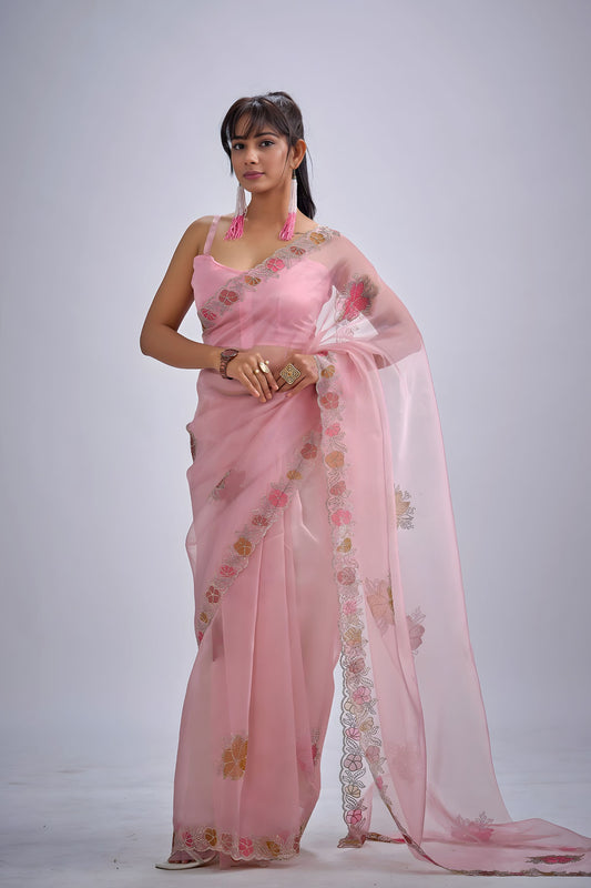 Pink Organza Saree with Floral Embroidery Border Designer Saree