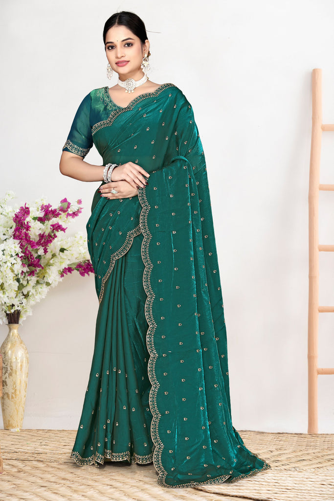 Green Silk Saree Zari Embroidered Border Buti  Designer with Blouse