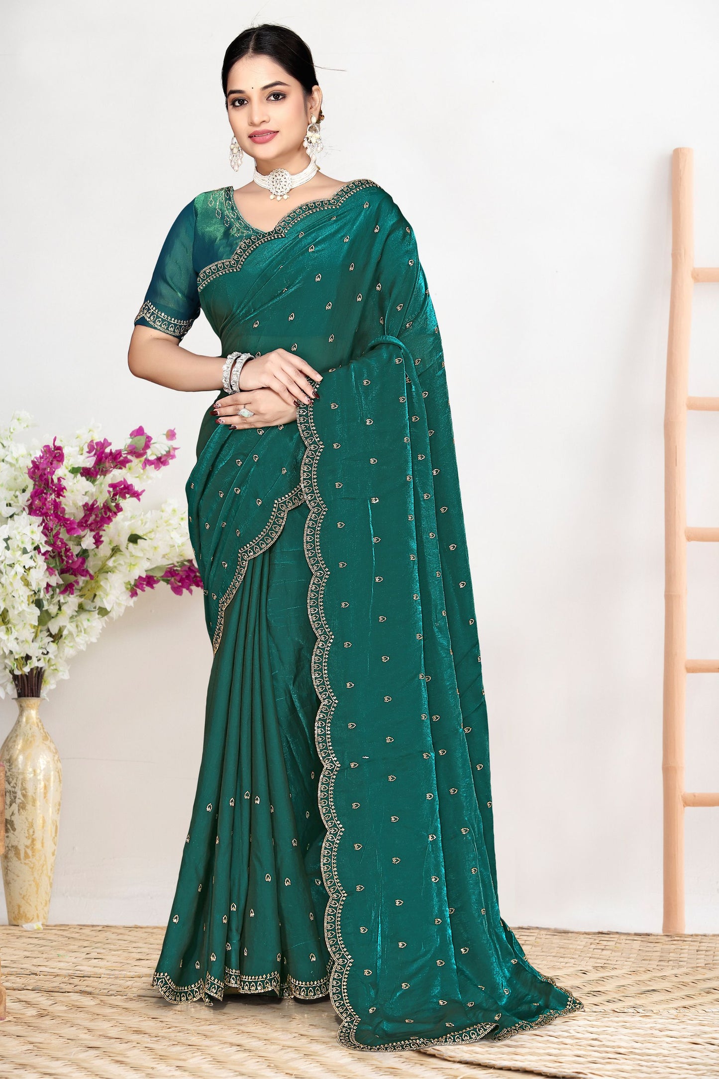 Green Silk Saree Zari Embroidered Border Buti  Designer with Blouse