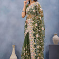 Olive Green Floral Embroidered Net Saree with Designer Border
