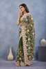 Olive Green Floral Embroidered Net Saree with Designer Border