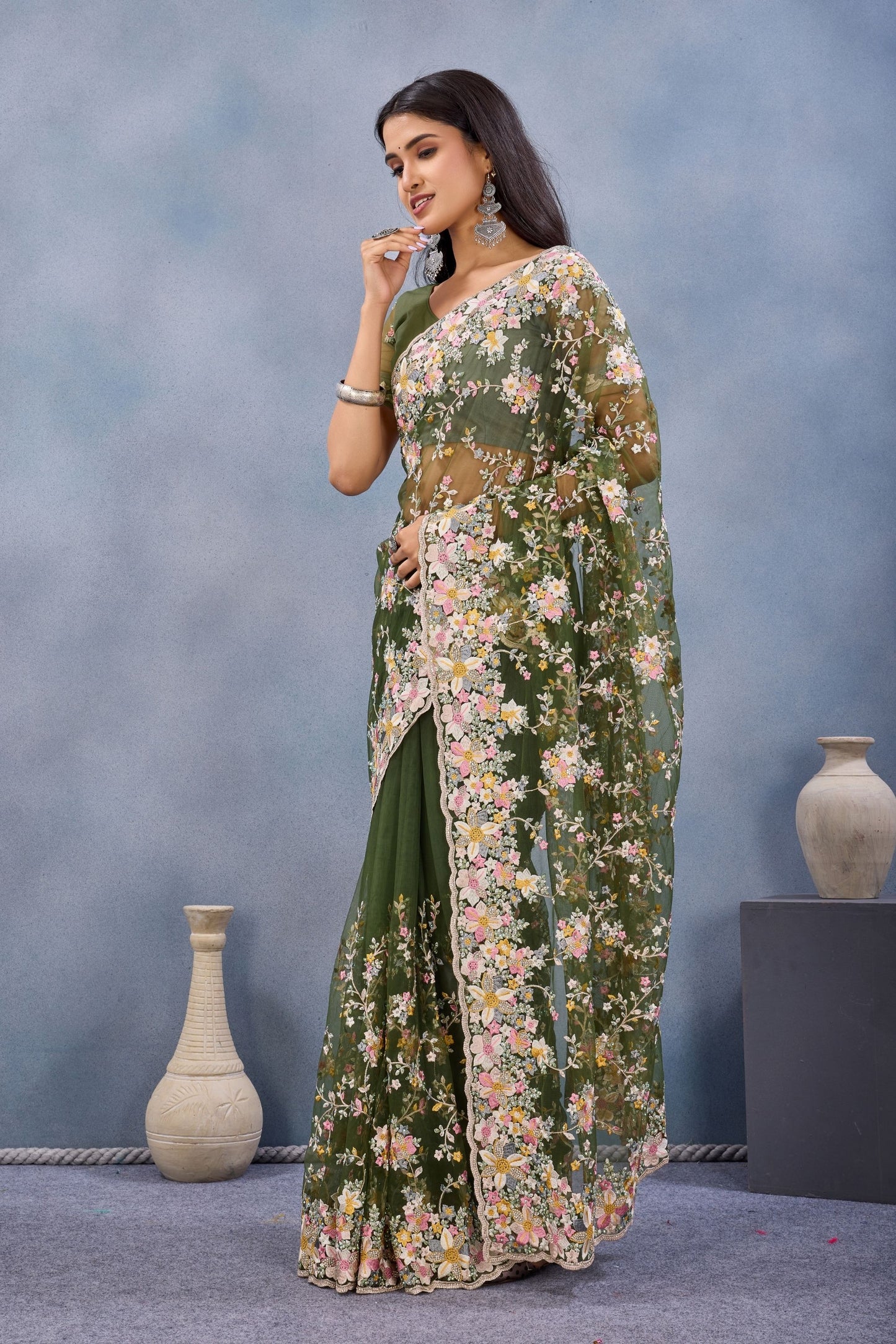 Olive Green Floral Embroidered Net Saree with Designer Border