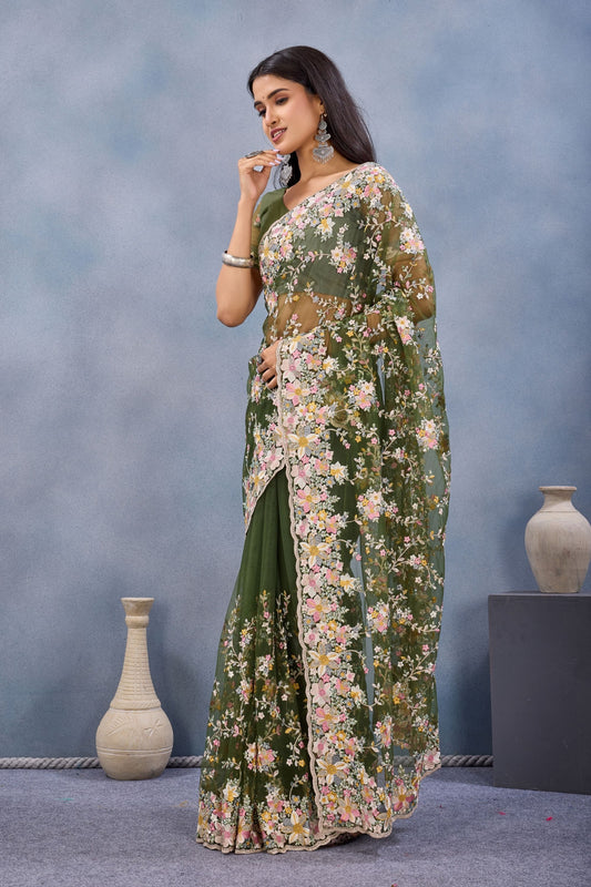 Olive Green Floral Embroidered Net Saree with Designer Border