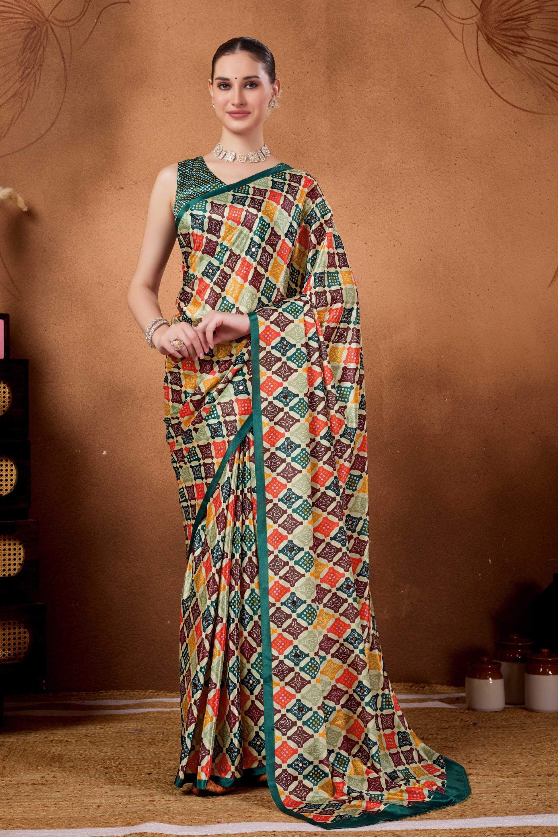 Multi Color Printed Saree with Contrast Border Designer Saree