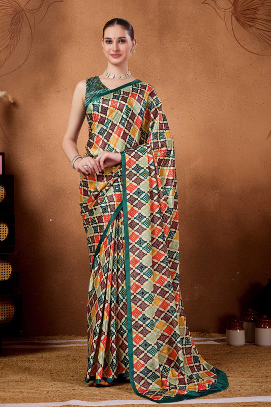Multi Color Printed Saree with Contrast Border Designer Saree