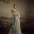  Sea Green Linen Silk Saree Floral Digital Print Designer Tassel Pallu