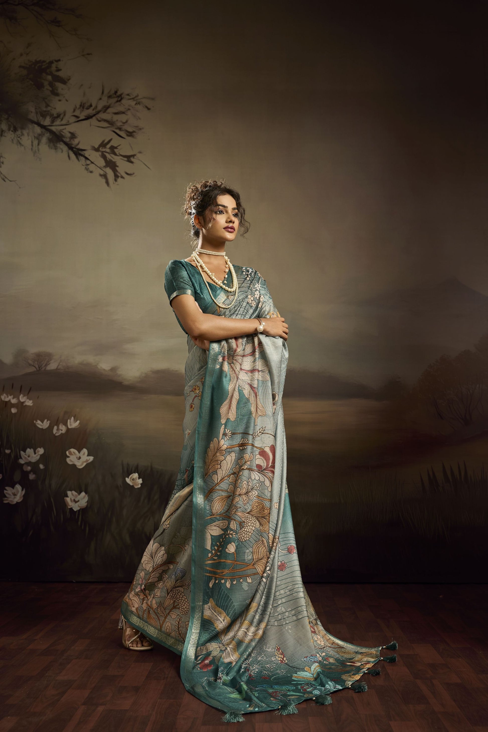  Sea Green Linen Silk Saree Floral Digital Print Designer Tassel Pallu