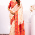 Off White Paithani Silk Saree with Coral Orange Zari Border and Traditional