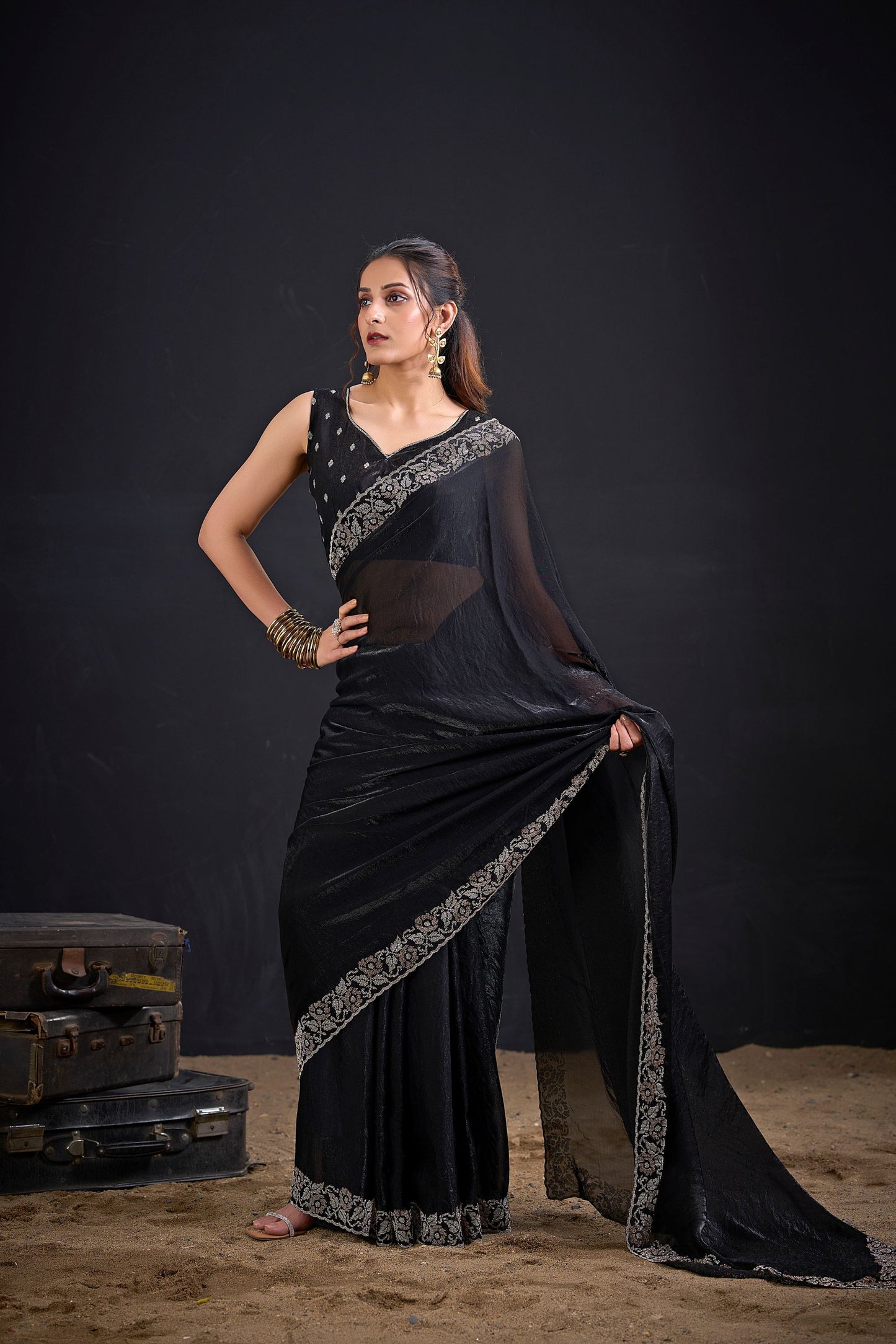 Black Silk Saree Antique Silver Zari Border Party Wear Saree